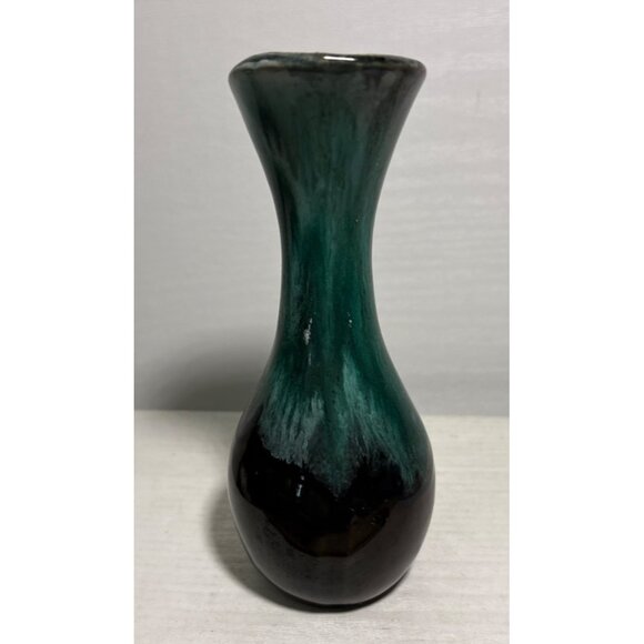 Canadian Pottery Bud Vase Slant Cut Bulb 6.5" Light Teal Black Drip Glaze MCM - Picture 3 of 8